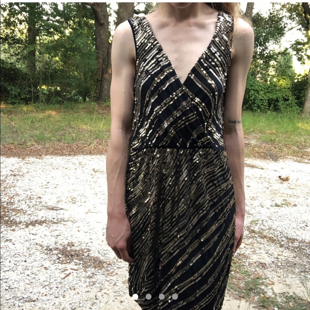 Gold and Gunmetal Sequin Little Black Party Dress